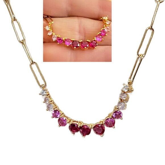 Stunning Graduated Simulated Pink CZ's 18K Gold Plated Paperclip Chain Necklace - Picture 1 of 6